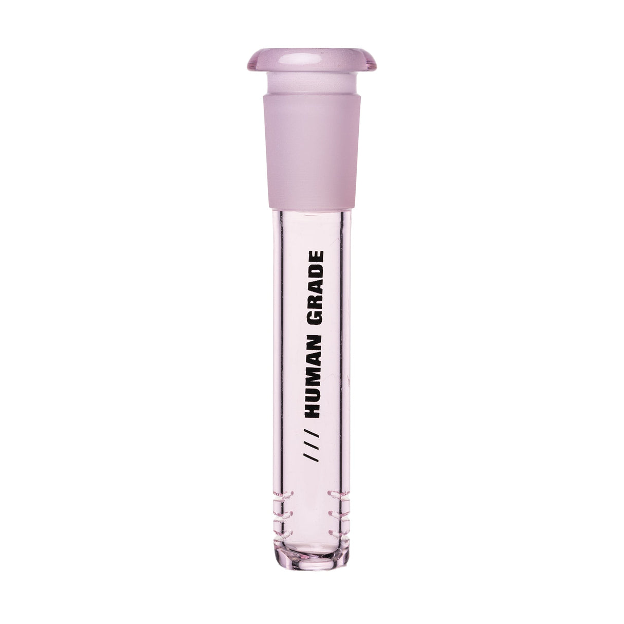 Pink-tinted glass downstem with HUMAN GRADE branding, featuring slits for bubbling, designed for 14mm water pipes.