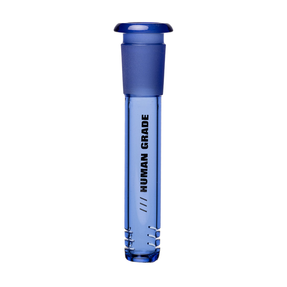 Blue-tinted glass downstem with HUMAN GRADE embossing, featuring a 14mm ground-glass joint and slits for diffusion, designed for water pipe compatibility.