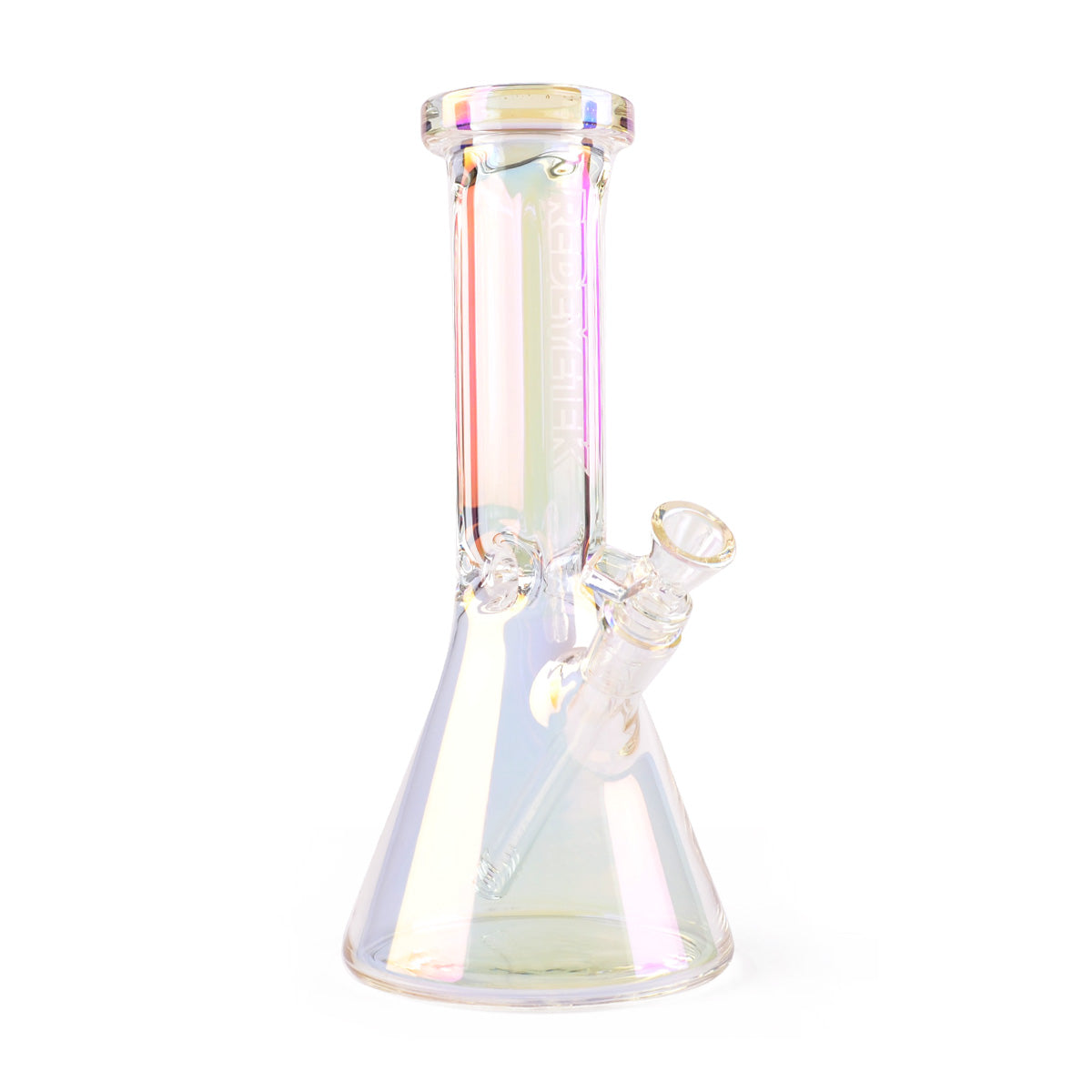 Red Eye Tek 10 Tall Terminator Hex Top Beaker Bong, with iridescent glass, hexagonal neck, flared base, and angled down-stem.