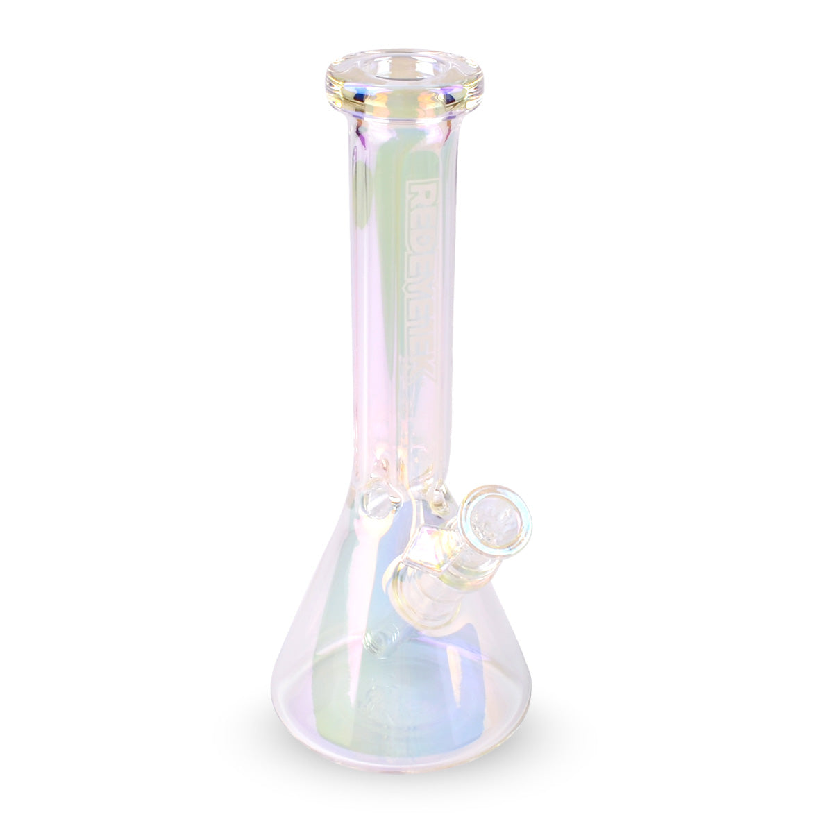 12 Tall Terminator Hex Top Beaker Tube - Rainbow Metallic, featuring a hexagonal neck, beaker base, and iridescent finish, designed for smooth hits and visual appeal.