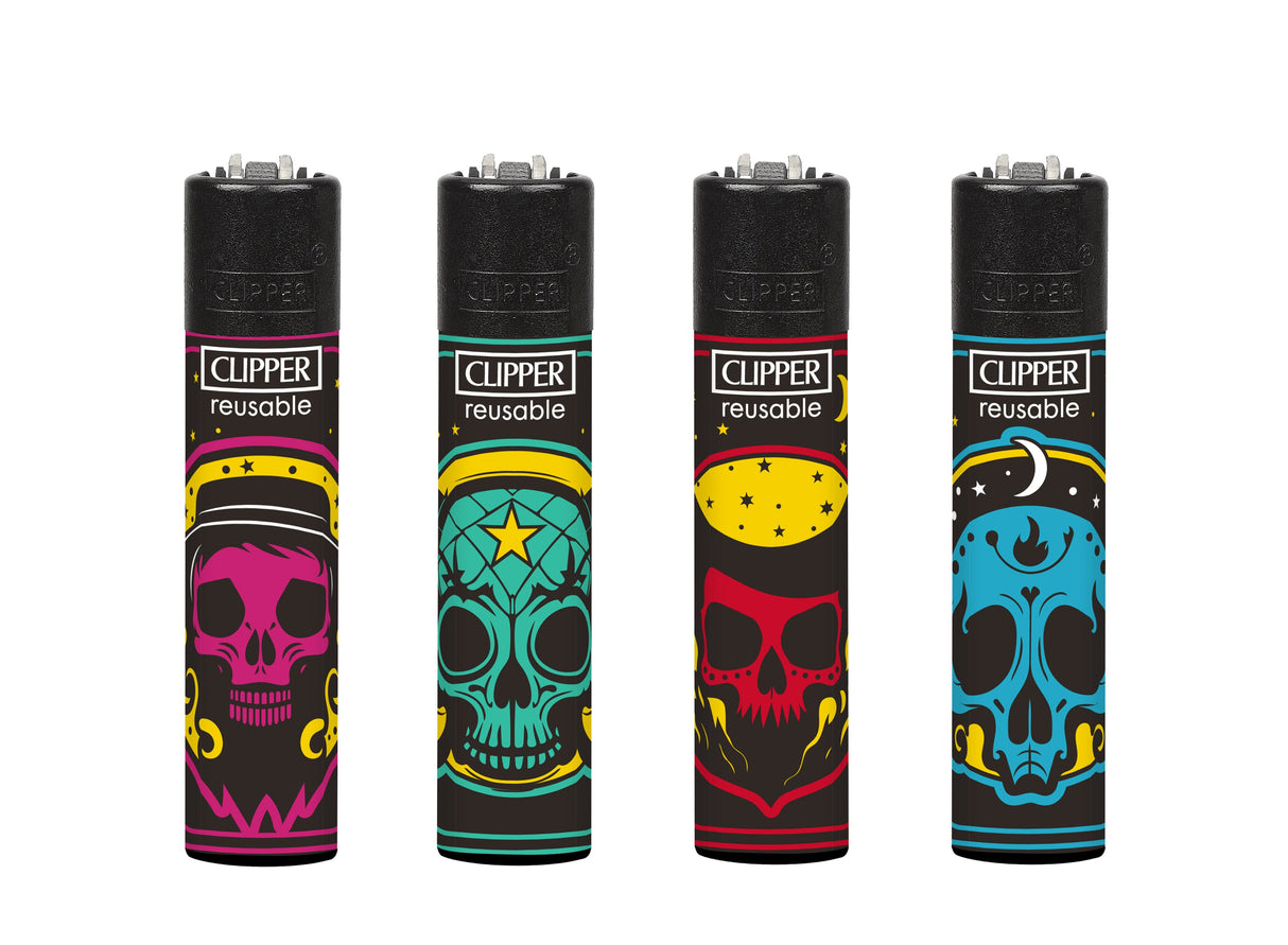 Classic Large Lighters Black Magic Skulls - Tray of 48, featuring reusable Clipper lighters with stylized skull designs and refillable components for extended use.