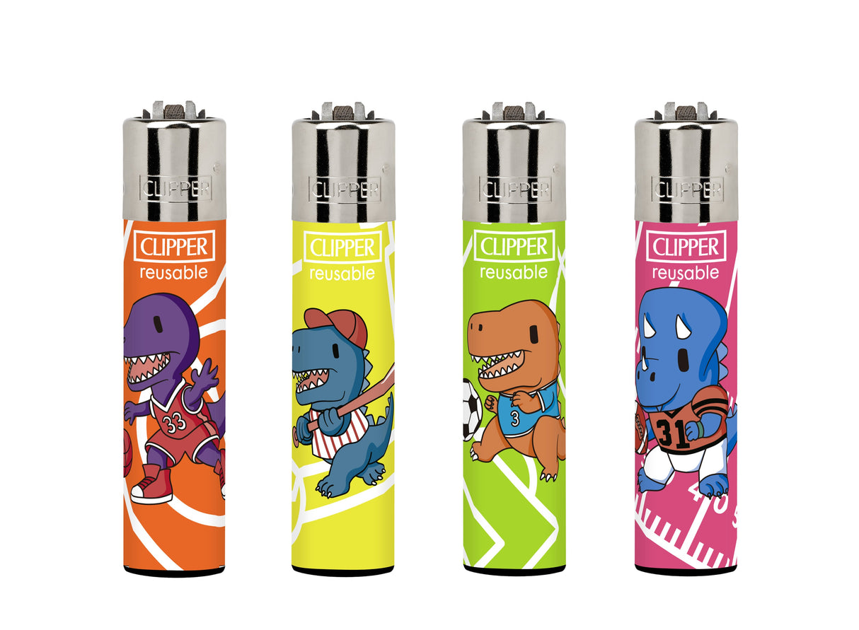 Classic Large Lighters Dino Sports - Tray of 48, featuring colorful Clipper lighters with cartoon dinosaurs playing basketball, baseball, soccer, and American football.
