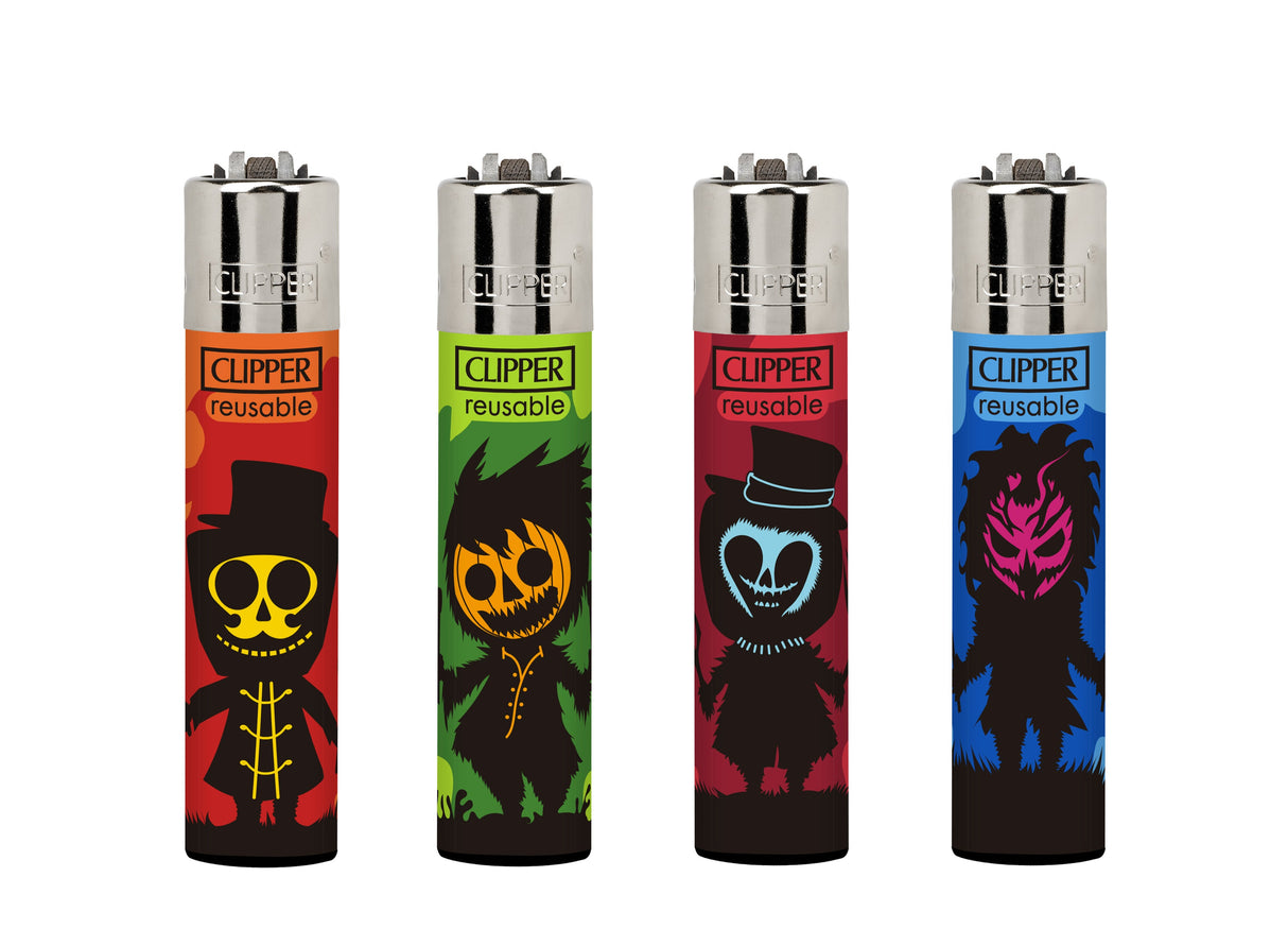 Classic Large Lighters Horror days 1 - Tray of 48 featuring spooky designs: skeleton, pumpkin-head, skull, and monster. Refillable, with packing tool included.