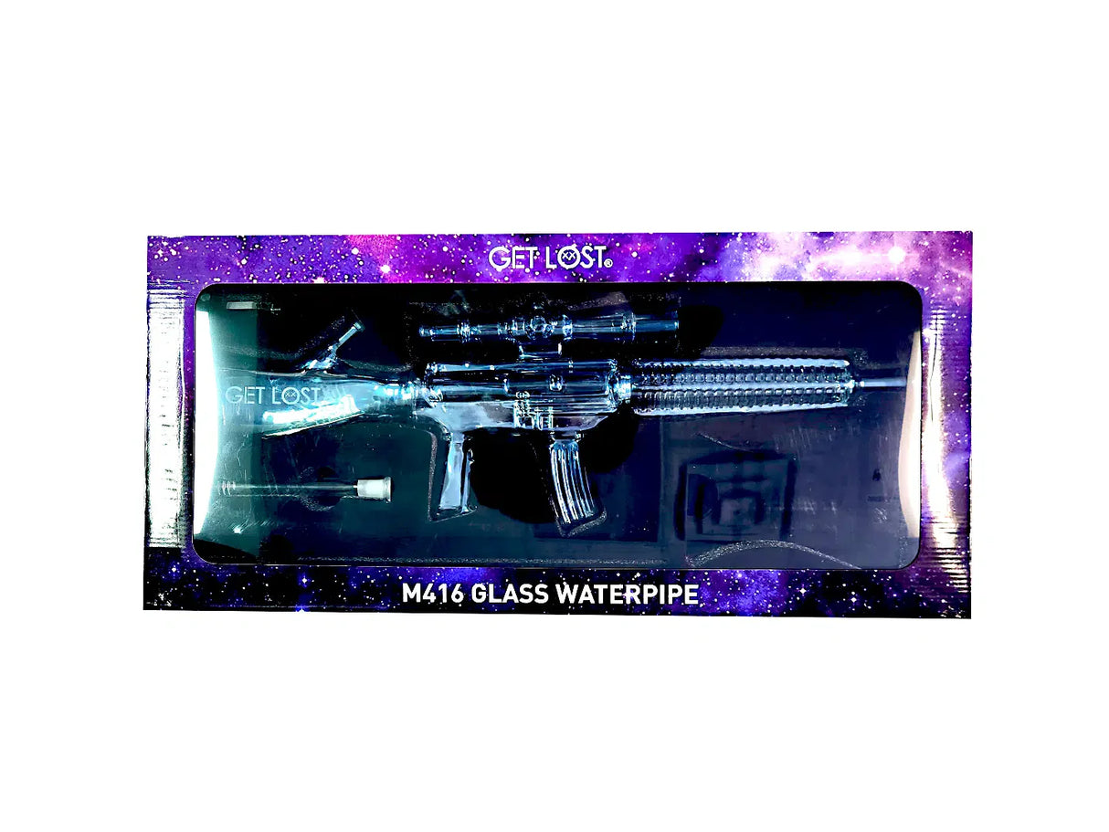M416 Glass Gun - Clear Black novelty water pipe, rifle-shaped, visible through packaging with detachable scope and bowl, featured in a star-patterned GET LOST box.