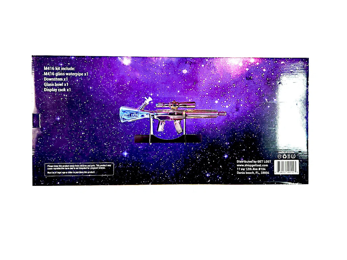 M416 Glass Gun - Clear Black water pipe kit with rifle-shaped pipe, glass downstem, bowl, display rack, age warning, and distributor info on purple galaxy packaging.
