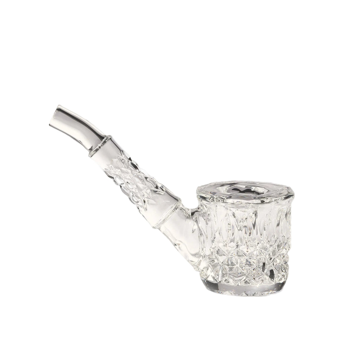 Highball Pipe: A clear, hand-blown, cut-glass smoking pipe featuring a crystal-like design with a bowl and mouthpiece, highlighting its elegant craftsmanship.