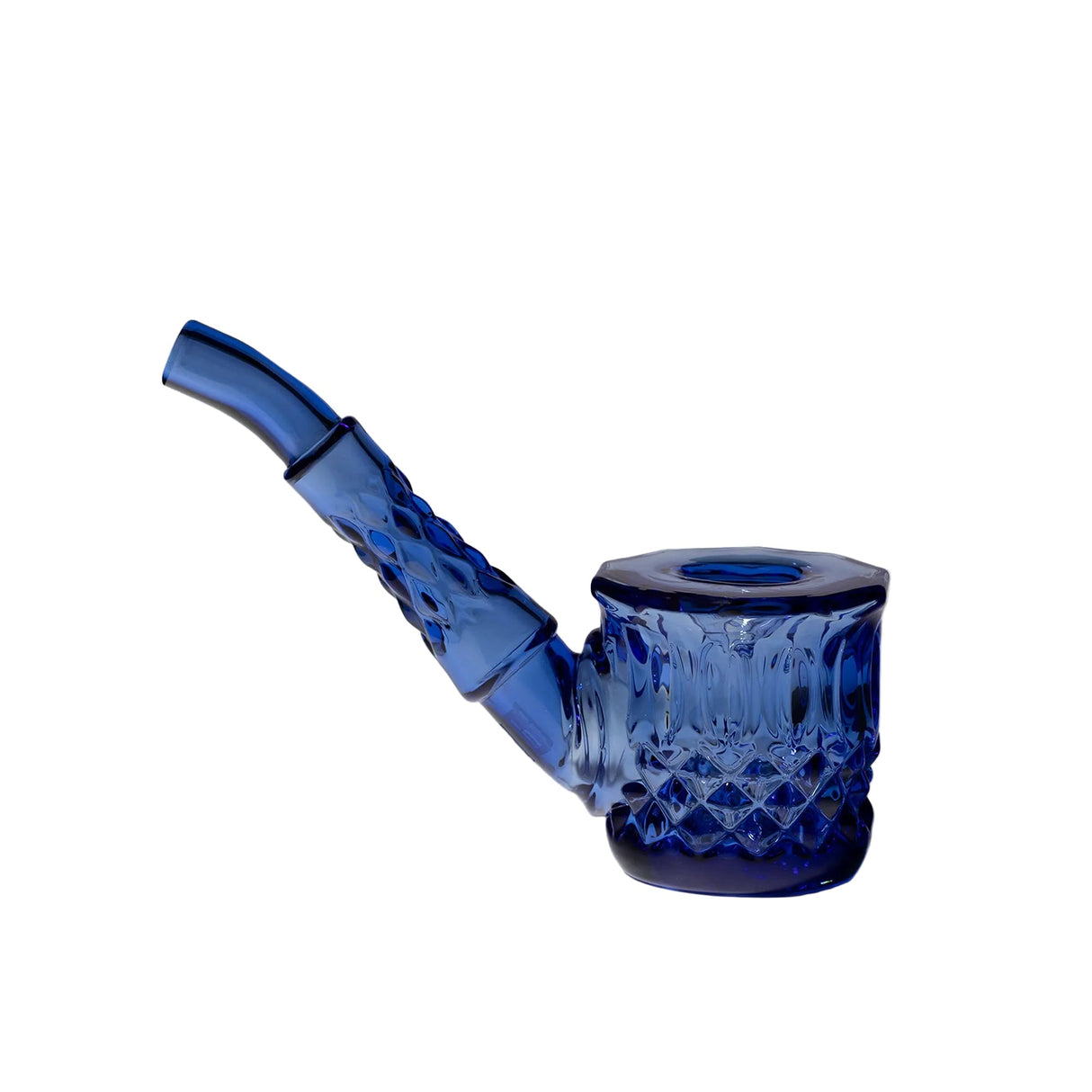 Highball Pipe: A hand-blown cobalt blue glass pipe with a diamond-cut pattern, featuring a straight, upward-angled mouthpiece. Crafted for durability and elegance.