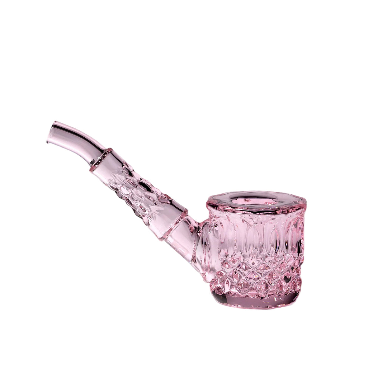 Highball Pipe: Hand-blown pink-tinted glass pipe with textured bowl and curved mouthpiece, showcasing diamond and wedge-cut design for smoking herbs or tobacco.