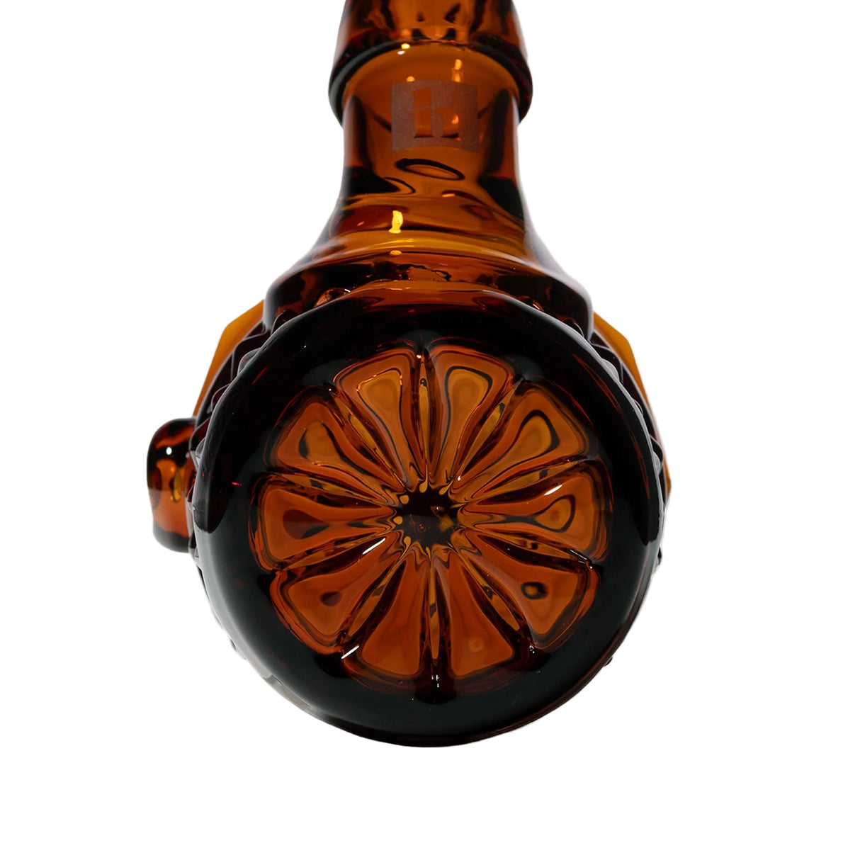 Close-up of the Highball Pipe's base, showing a flower-like embossed pattern and faint logo on the neck, highlighting its decorative craftsmanship.