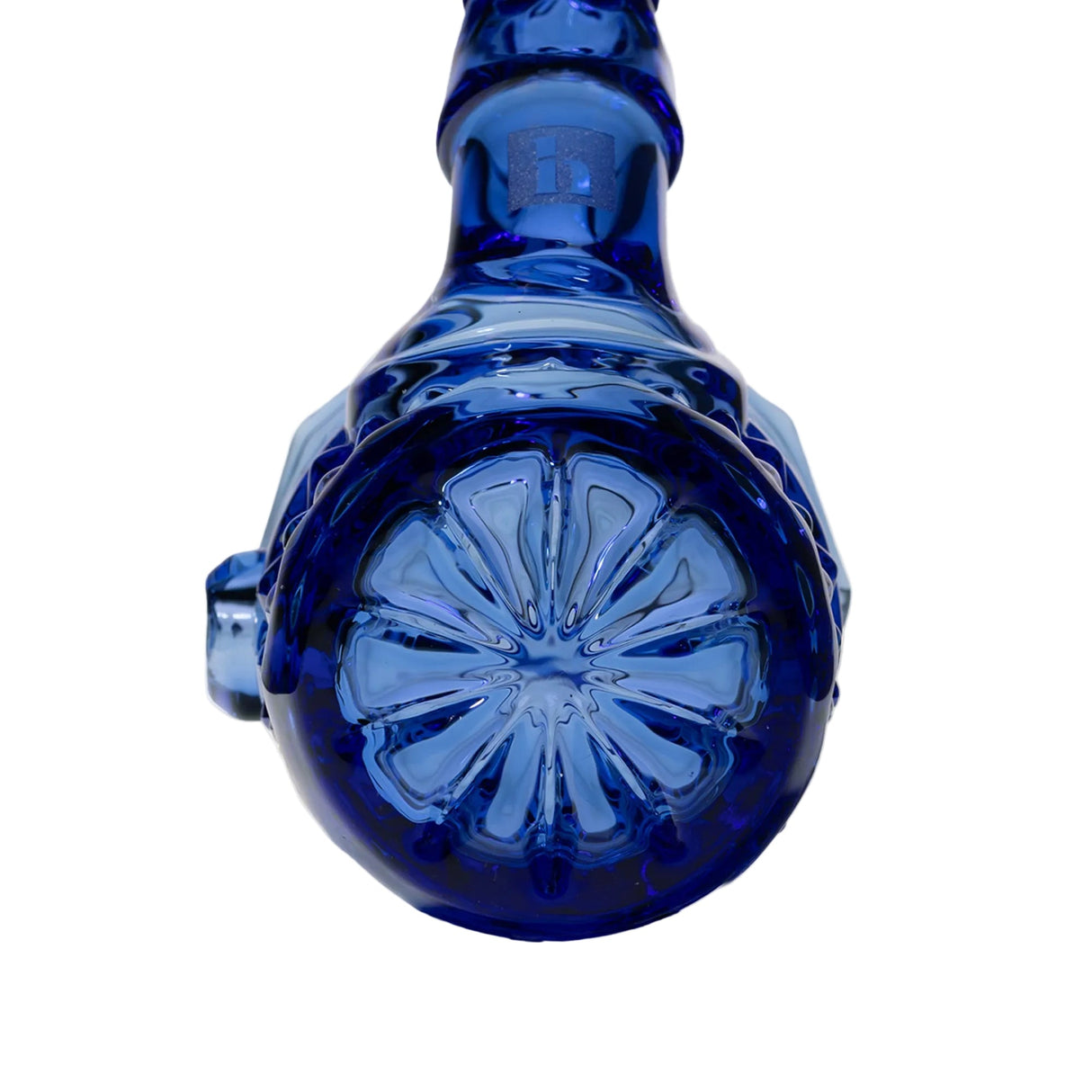 Cobalt-blue Highball Pipe, hand-blown with 12-petal starburst base, main chamber, and side joint visible, showcasing intricate craftsmanship and vintage-inspired design.