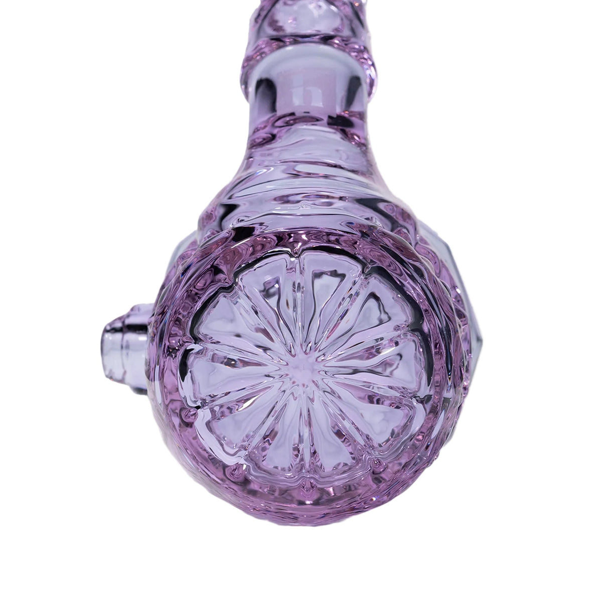 Highball Pipe made of lavender-tinted glass, showcasing a starburst pattern in the bowl and a carb hole on the left side.