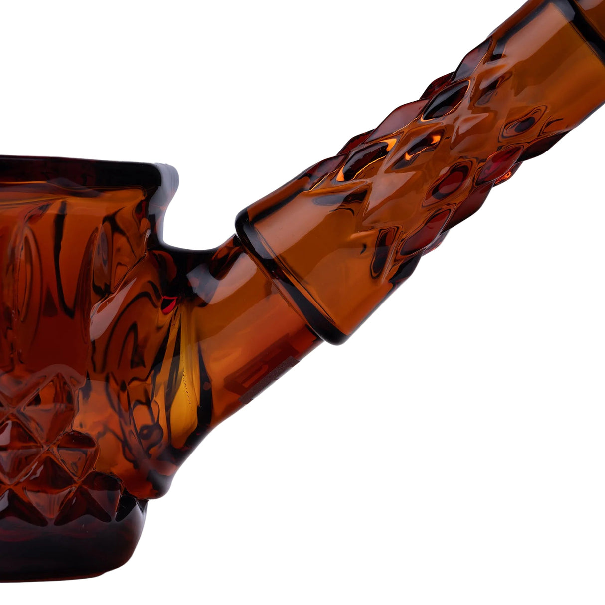 Highball Pipe close-up, showcasing amber, textured glass with diamond and wedge-cut details on a hand-blown, bent-stem design.
