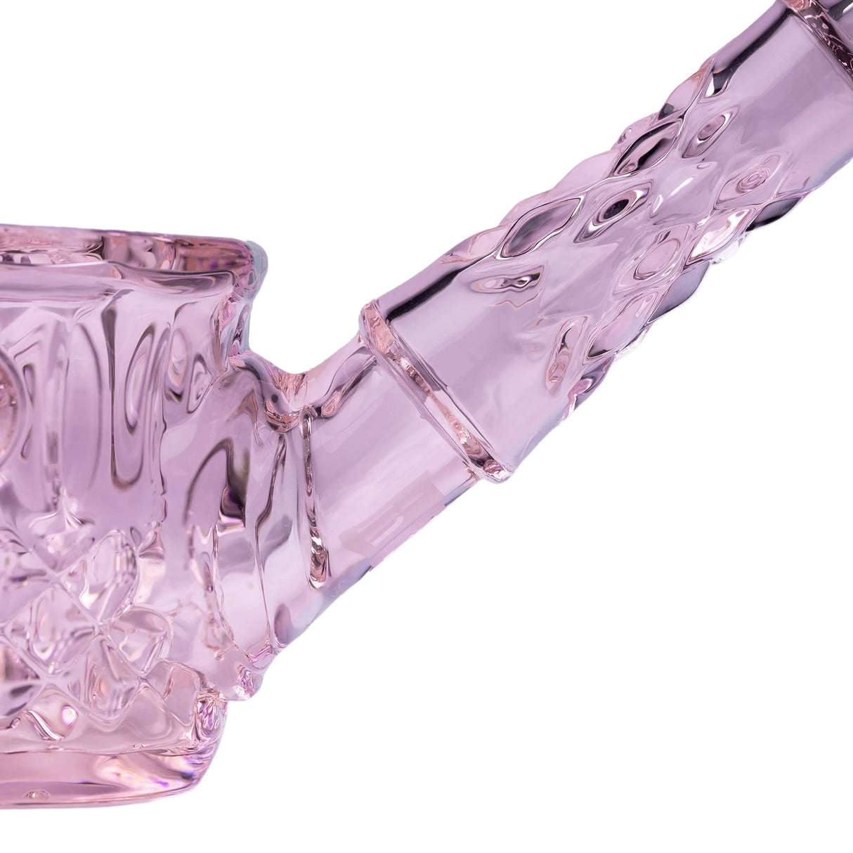Close-up of the Highball Pipe, a hand-blown, translucent pink glass smoking pipe with intricate diamond and wedge-cut detailing, showcasing its bowl and angled mouthpiece.