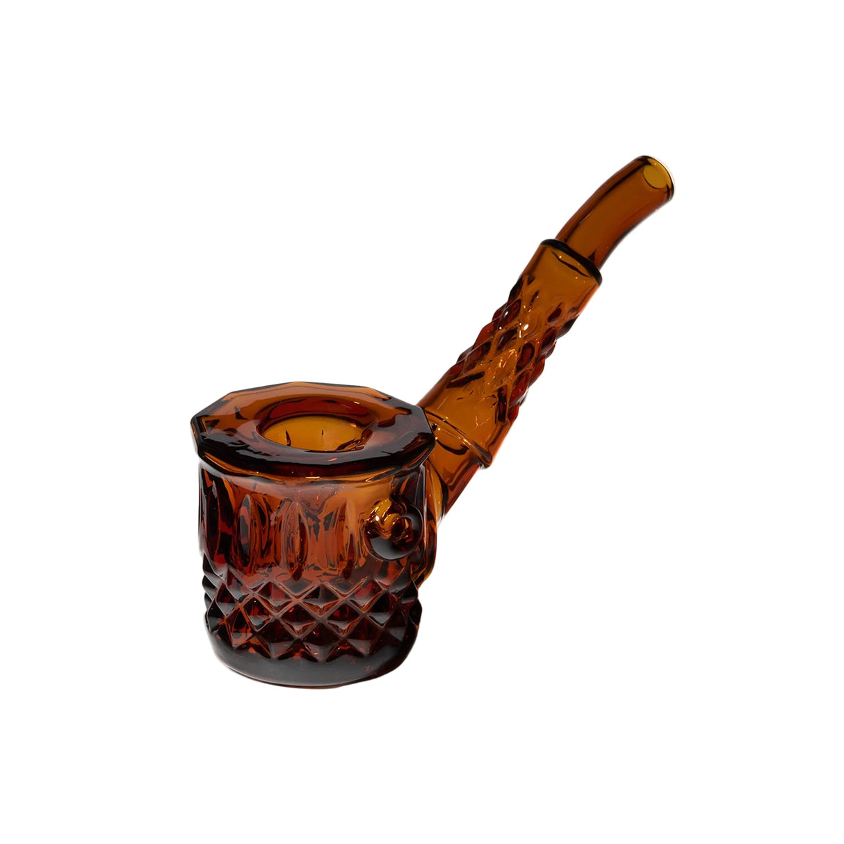 Hand-blown glass Highball Pipe with diamond-cut pattern, amber hue, featuring a built-in bowl and short stem, blending classic elegance with functional design.