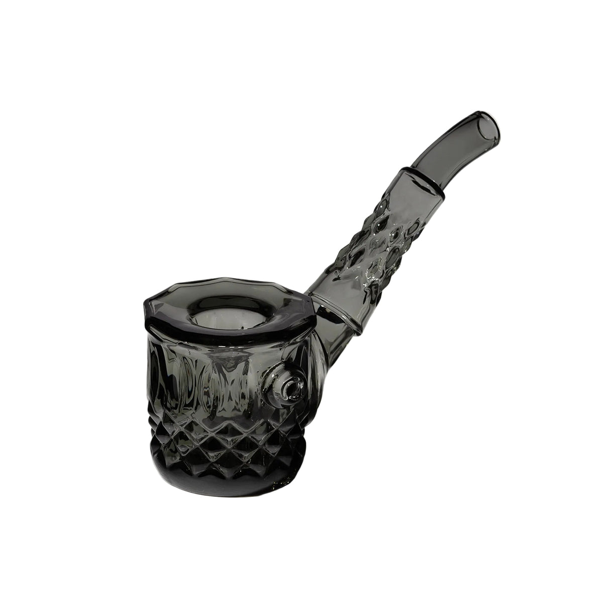 Highball Pipe: A hand-held, smoked glass pipe with a faceted bowl and textured diamond-cut design, featuring a gently curved stem for smoking.