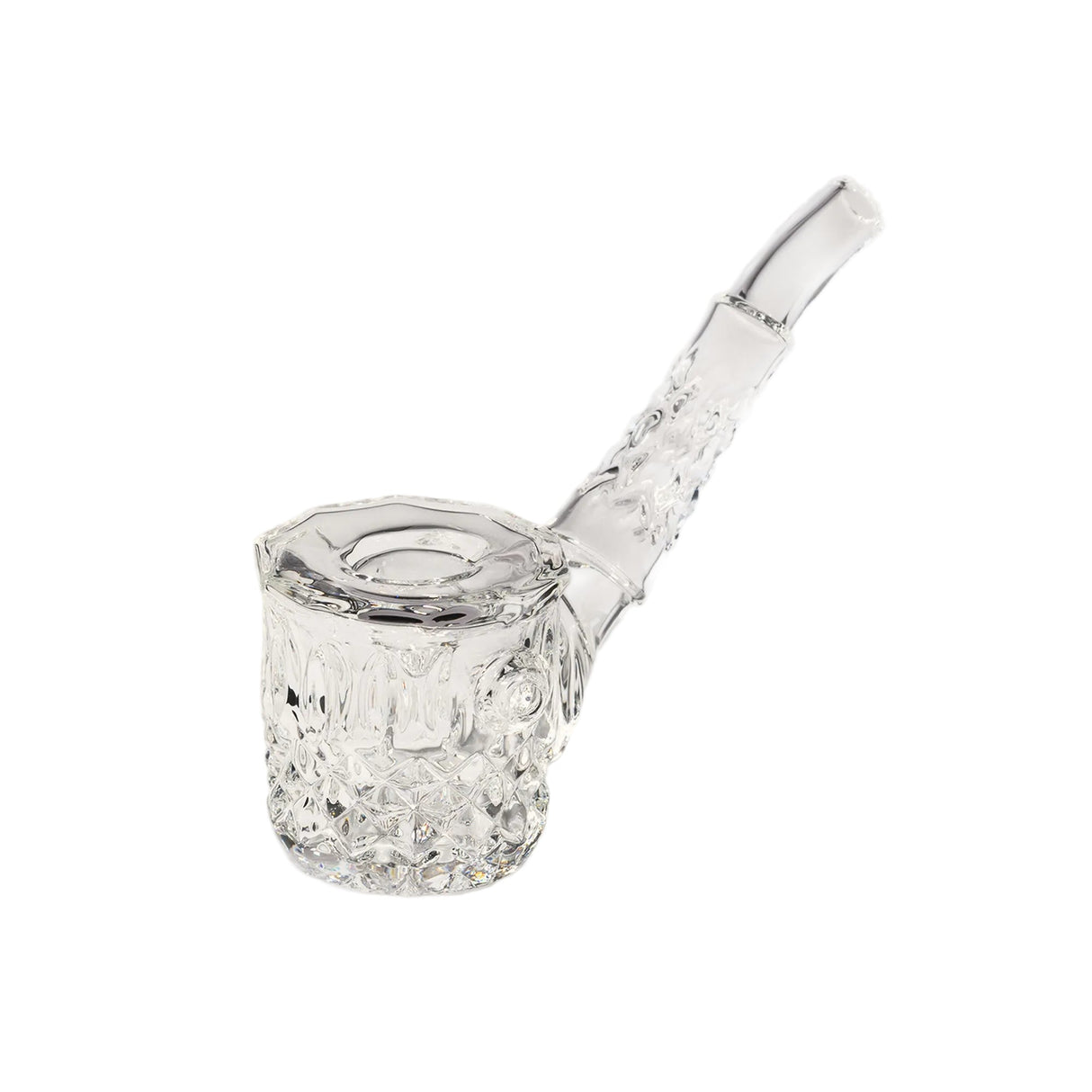 Highball Pipe: Hand-blown clear glass pipe with intricate diamond and wedge-cut design, featuring a short stem and mouthpiece for smoking herbs.
