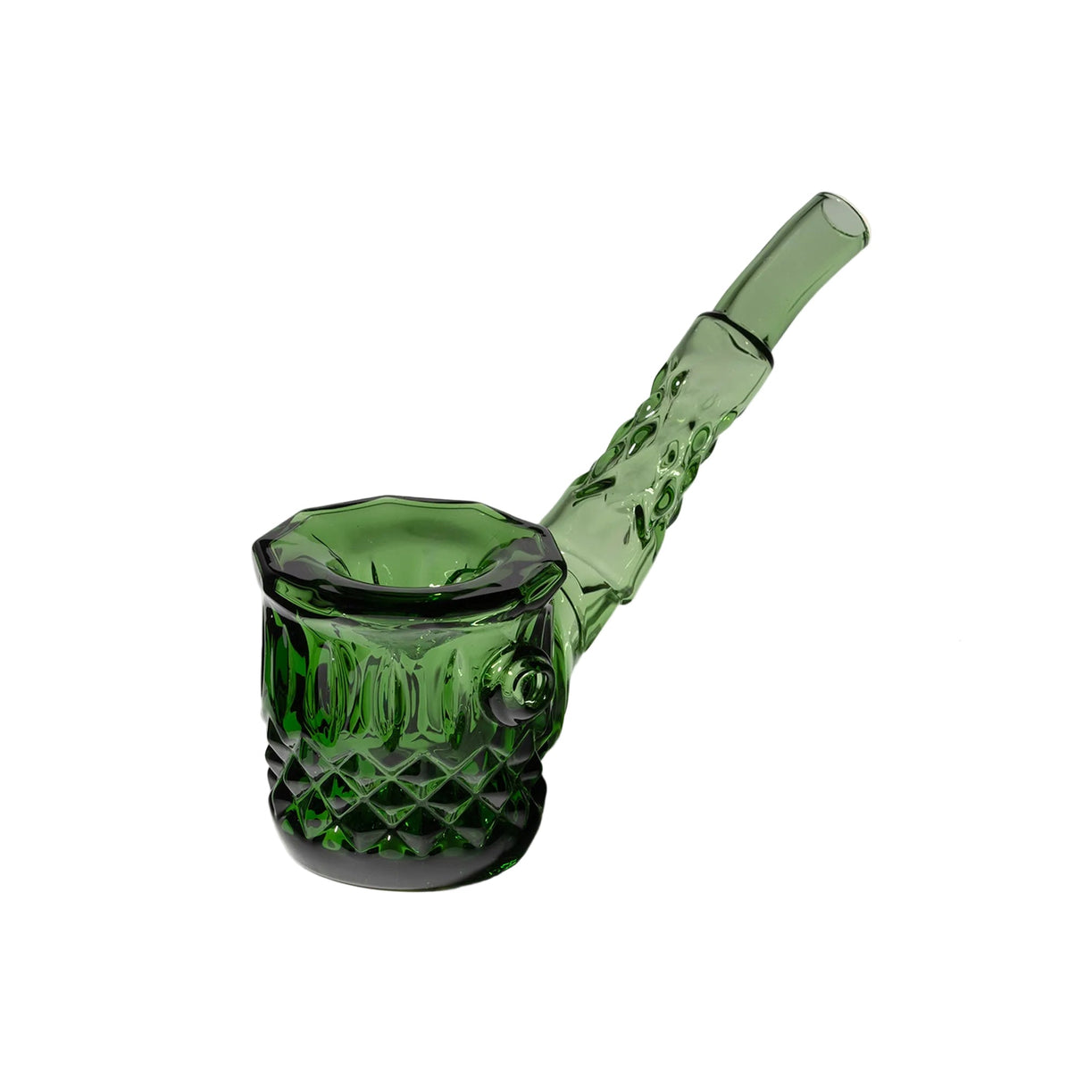 Green glass Highball Pipe with faceted bowl and textured stem, showcasing hand-blown craftsmanship and intricate diamond-cut design for a refined smoking experience.