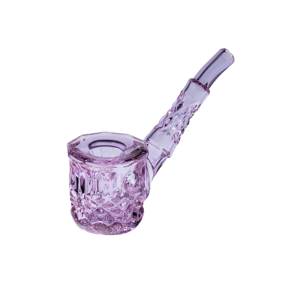 Highball Pipe: A hand-held, purple glass smoking pipe with a patterned bowl and angled mouthpiece, showcasing diamond and wedge-cut detailing for a refined look.
