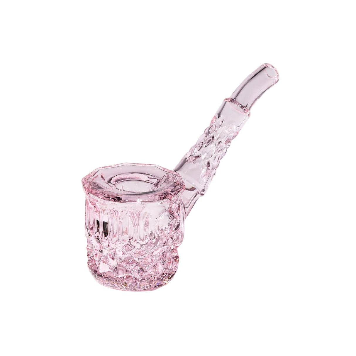 Highball Pipe: A hand-blown, pale pink glass pipe with a textured faceted bowl and smooth, slightly curved stem, showcasing diamond and wedge-cut detailing.