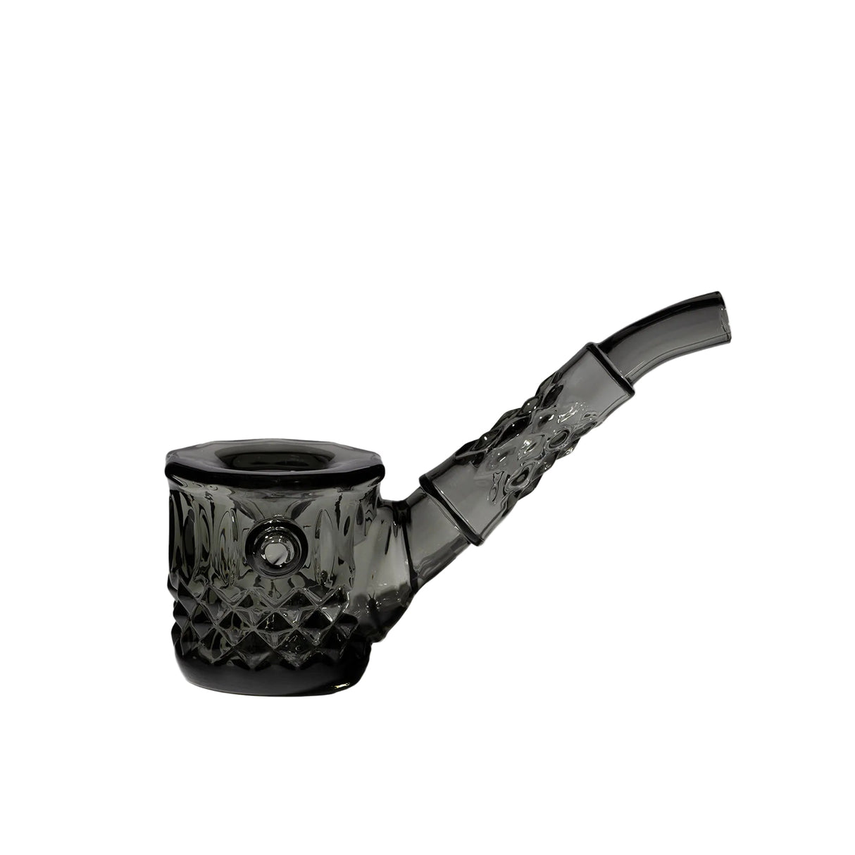 Highball Pipe: Elegant hand-blown glass pipe with diamond-cut pattern, featuring a textured stem, smooth curved mouthpiece, and compact size for comfortable use.