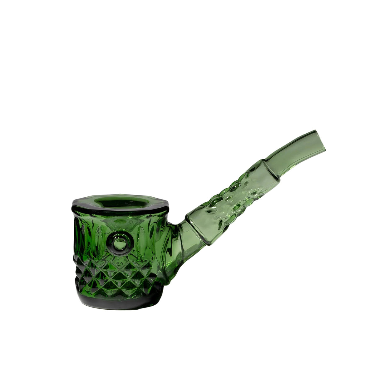 Highball Pipe made of green-tinted, hand-blown glass with a textured stem and diamond-cut detailing, showcasing sophisticated craftsmanship for modern smoking.