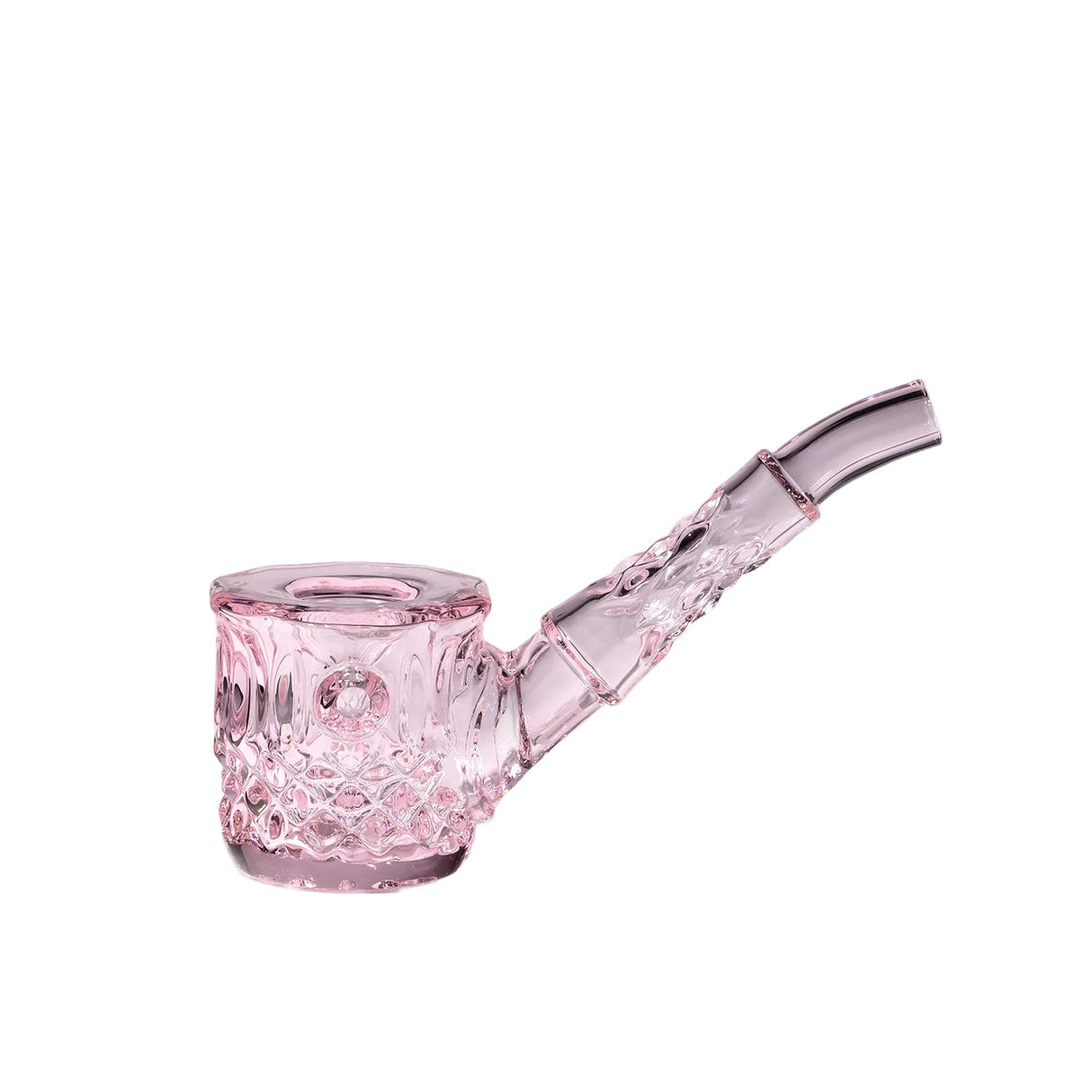Highball Pipe: Pink glass hand pipe with diamond-cut bowl, angled stem, and curved mouthpiece, crafted for smoking loose leaf herbs or tobacco.