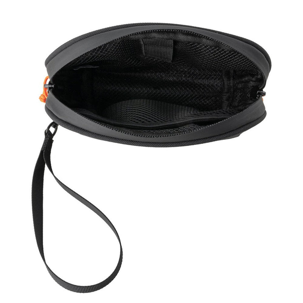 Smell Proof Water-Resistant Wrist Bag - Black with a zipper, detachable wrist strap, and mesh pocket for organized storage.