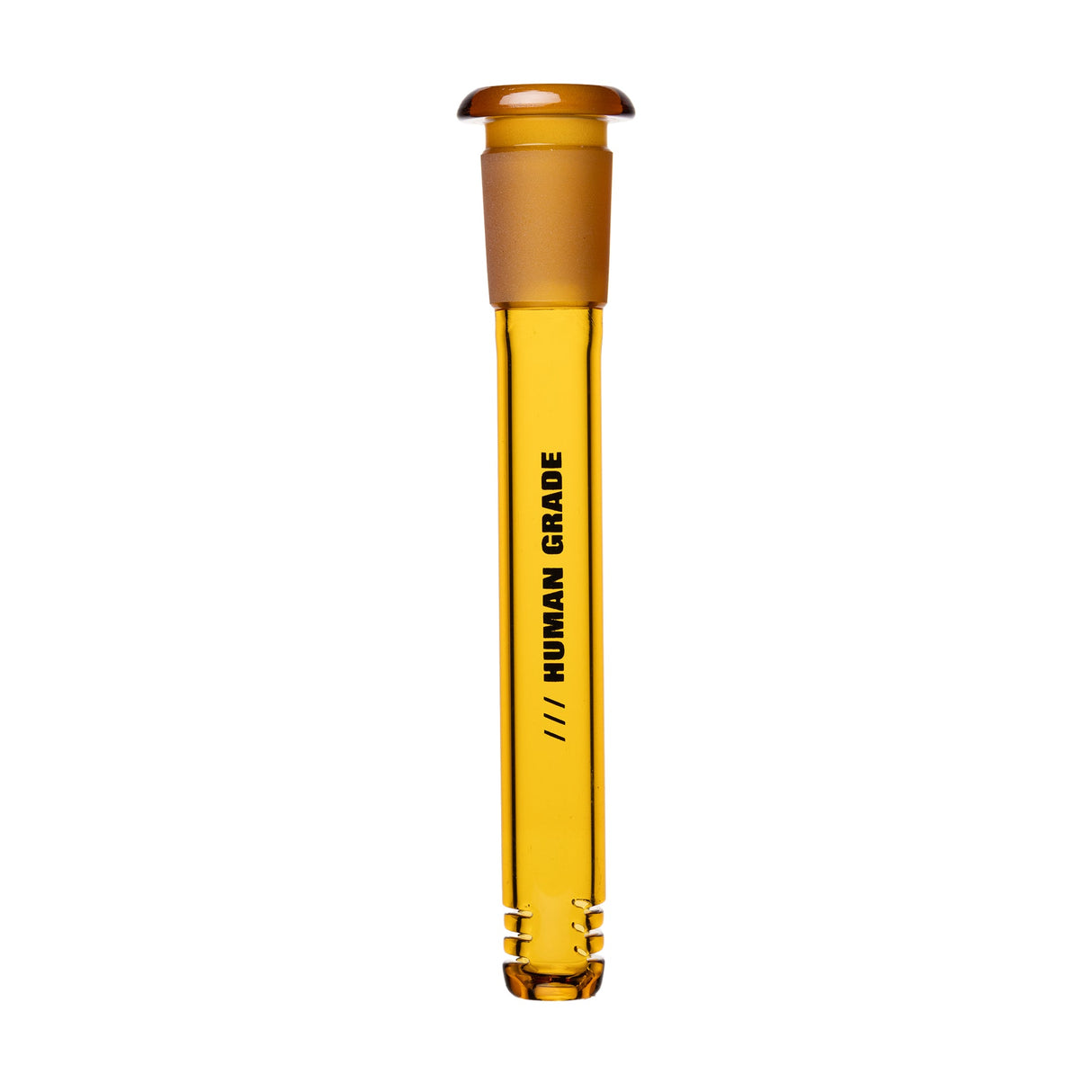 Amber glass Human Grade Downstem, 14mm, 5, for water pipes; precision-fit, durable borosilicate. Brand name HUMAN GRADE visible on the slide.