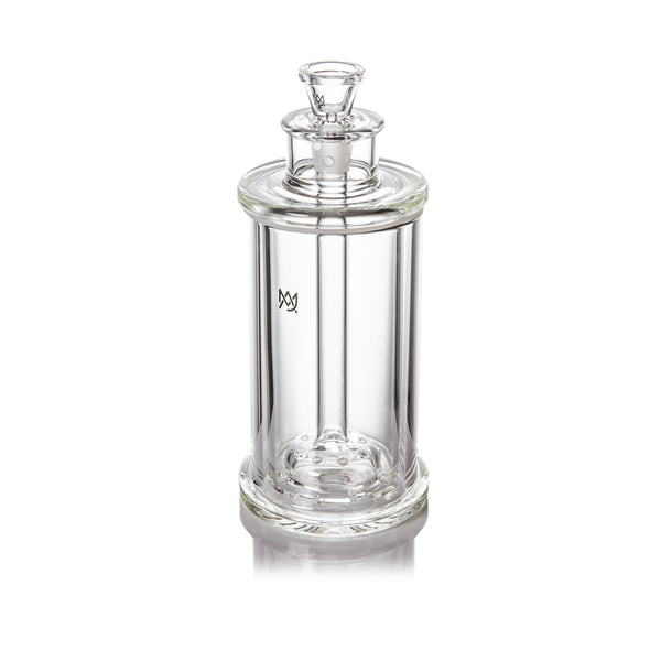 Piston Gravity Bong with borosilicate glass cylinder, ground-glass stopper, internal down-stem, and disc percolator for advanced smoke filtration and cooling.