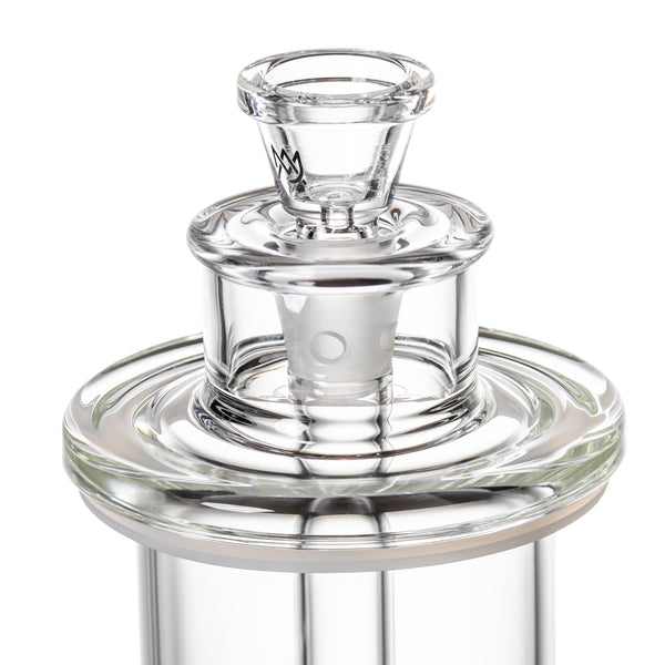 Close-up of MJ Arsenal Piston Gravity Bong, highlighting borosilicate glass construction, disc percolator, and removable bowl, emphasizing its piston-inspired design and innovative functionality.