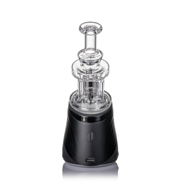 Quadra Peak Attachment features a multi-chamber glass percolator and black base with heating controls, designed for e-rig vaporization of aromatic concentrates.