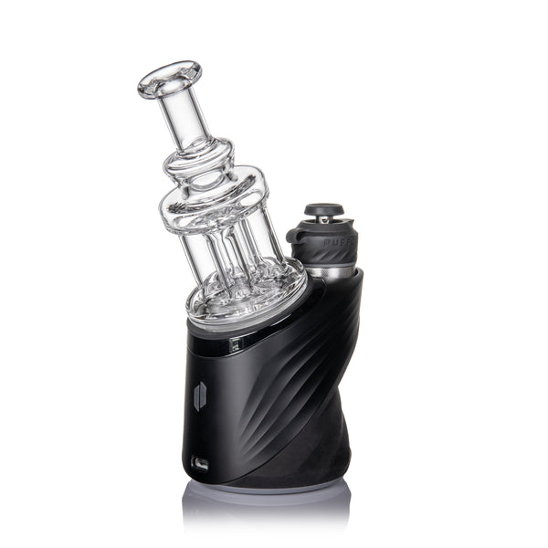 Quadra Peak Attachment: A compact e-rig vaporizer with a clear borosilicate glass bubbler, featuring a distinctive quad column design on a sculpted black base.