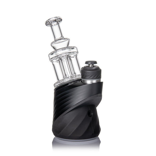 Quadra Peak Attachment: Borosilicate glass dry e-rig top with quad column design, compact profile, clear water-filtration chamber for vapor, compatible with electronic dab rigs.