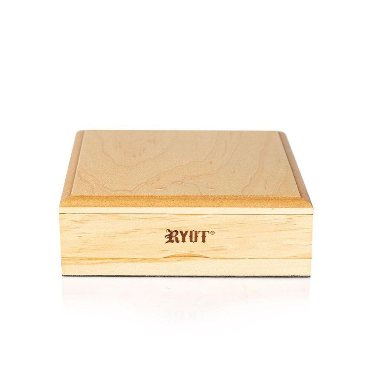 Natural Wood Storage Box - Solid Top - Large, featuring a wooden construction with engraved RYOT branding, magnetically secured closures, and a seamless design for efficient botanical storage.