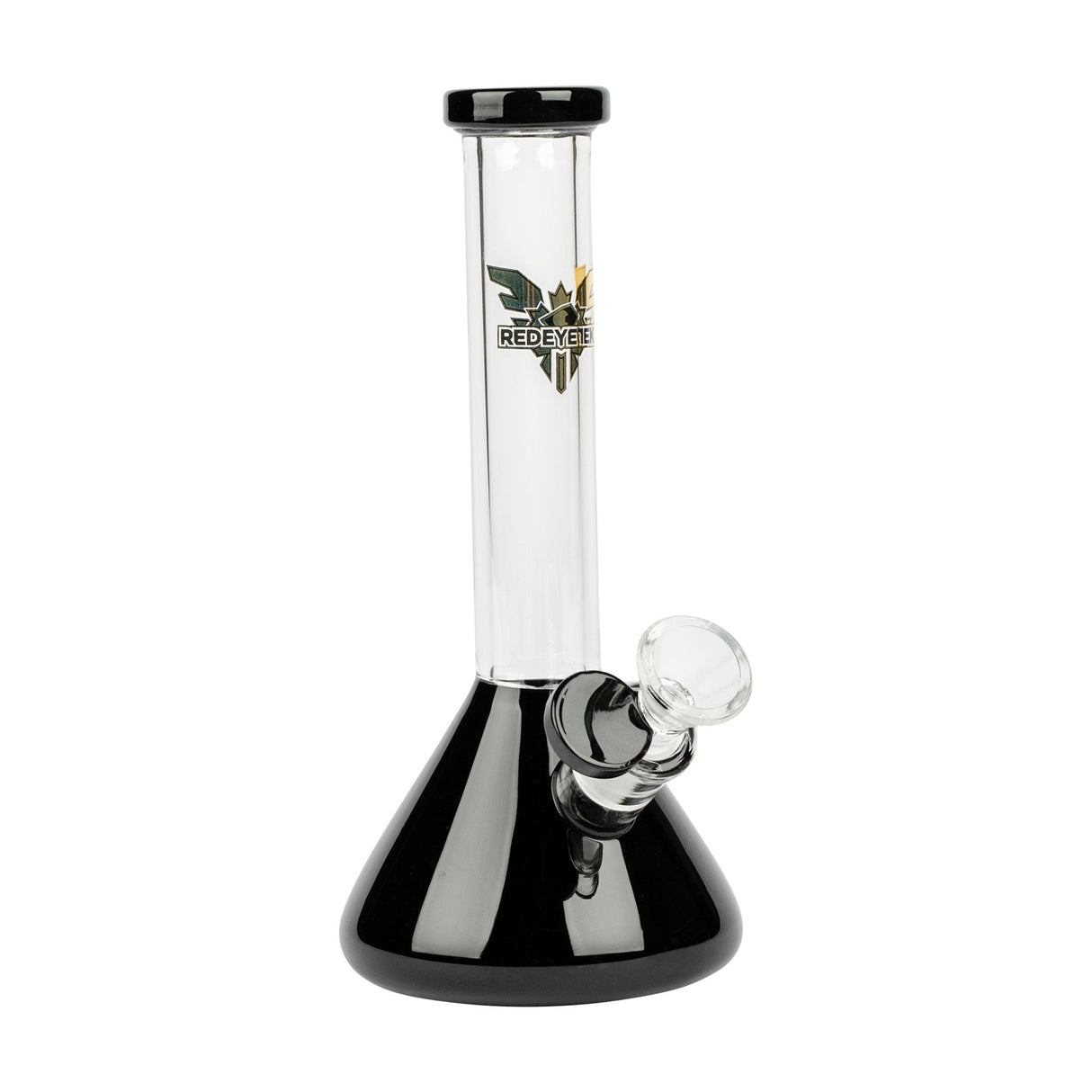 8 Tall Midge Mini Beaker Bong with clear straight neck, black-tinted base, and removable glass bowl/downstem. A steampunk-inspired Red Eye Tek creation merging art and engineering.