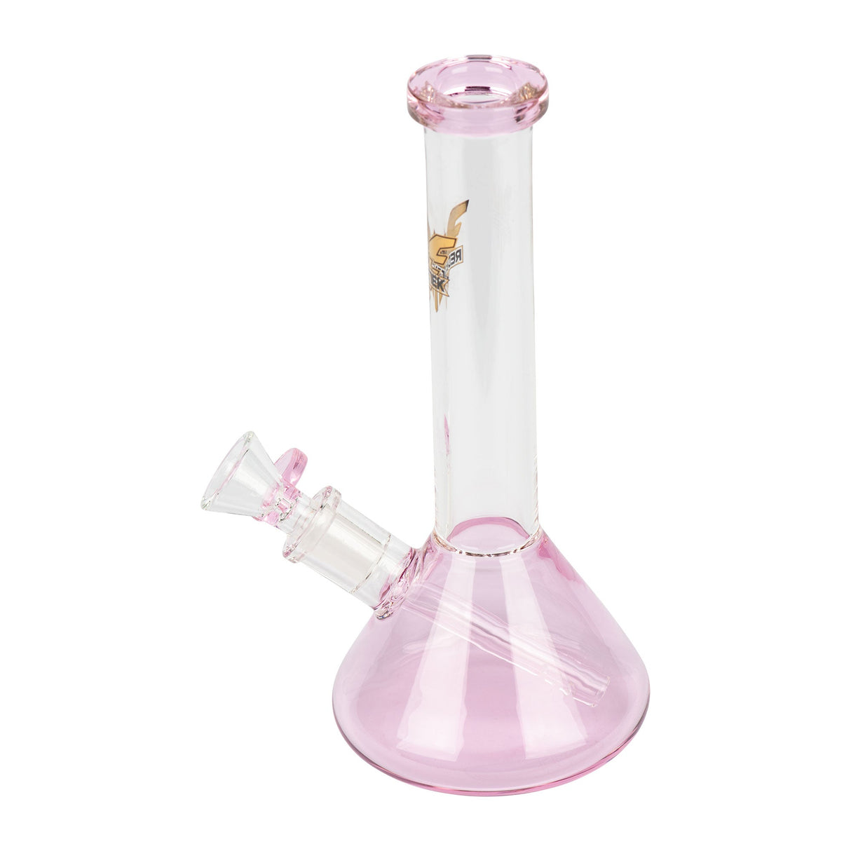 8 Tall Midge Mini Beaker Bong features a pink-tinted base, straight neck, removable downstem, and matching bowl, exemplifying Red Eye Tek's blend of art and engineering.