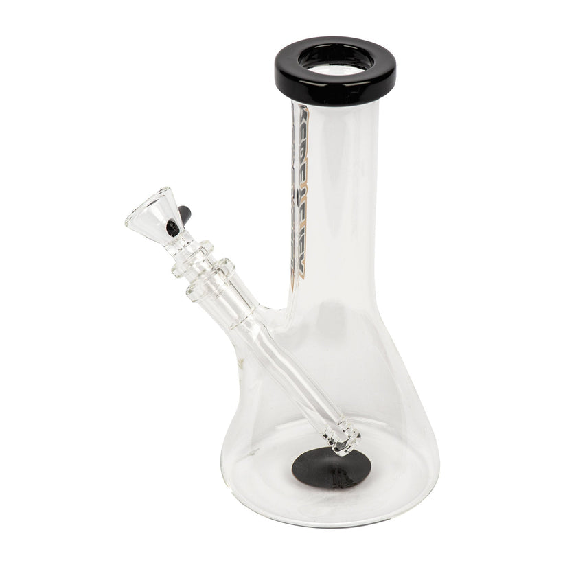 8 Tall Splash Beaker Bong made of clear borosilicate glass with a black-trimmed mouthpiece, featuring a removable downstem and small bowl piece for stable tabletop use.