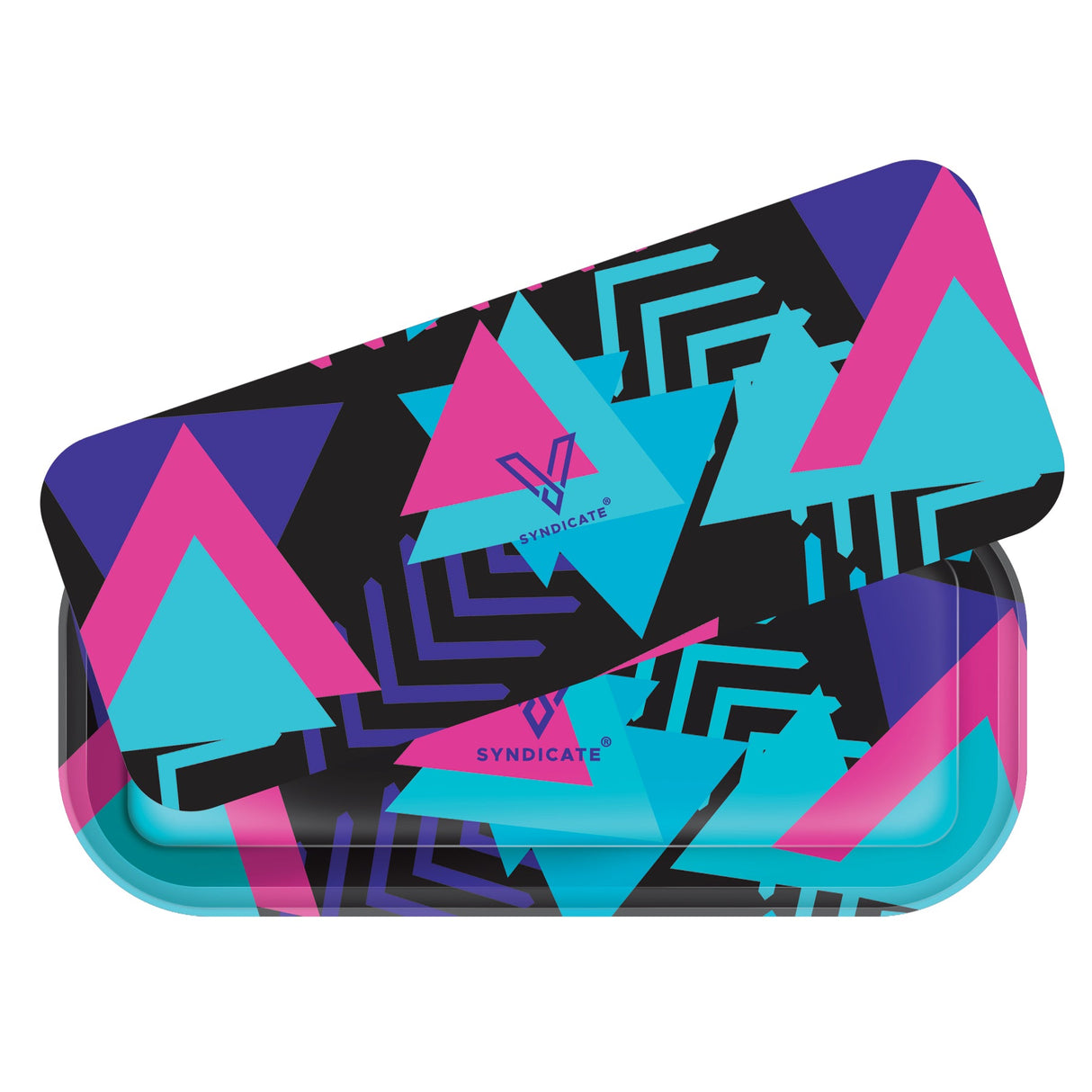 Roll N Go Long Retro tin with geometric print, detachable lid, and magnetic closure, ideal for organizing accessories on a home rolling station.