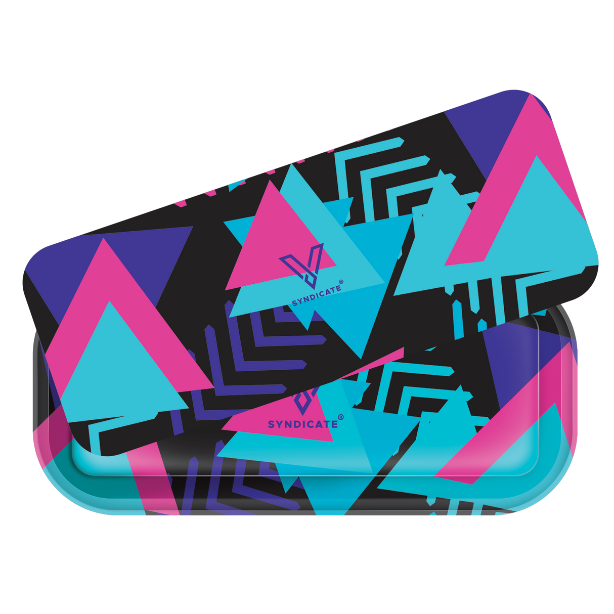 Roll N Go Long Retro tin featuring neon-style triangles and SYNDICATE logo, showcasing a secure magnetic lid and spacious metal tray for organized rolling.