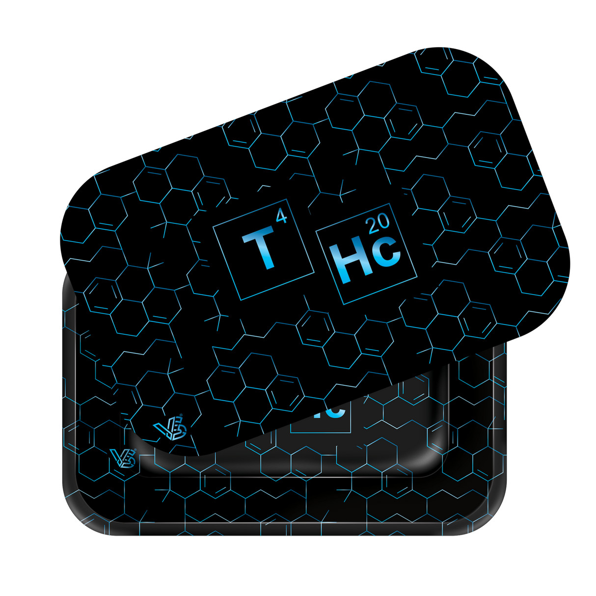 Roll N Go Medium - Elements tray with a blue hexagonal pattern, featuring “T⁴” and “Hc₂₀”. It includes a magnetic lid for secure storage.