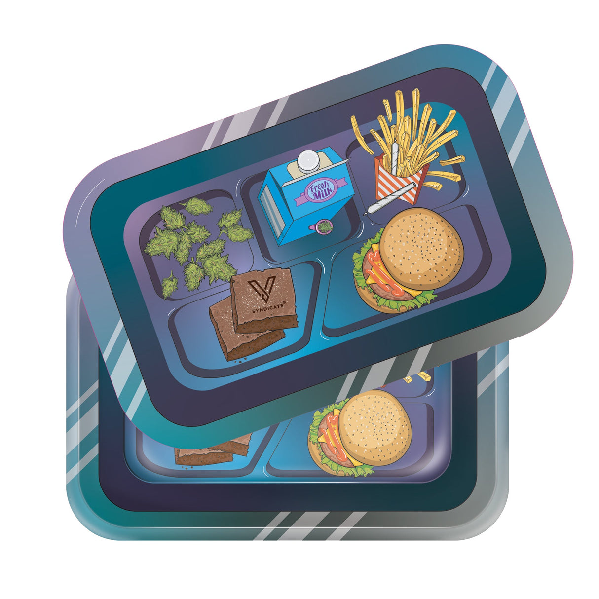 Roll N Go Medium - Munch Time tray with cannabis buds, milk carton, fries, cheeseburger, and brownies. Features 3D lid for secure storage.