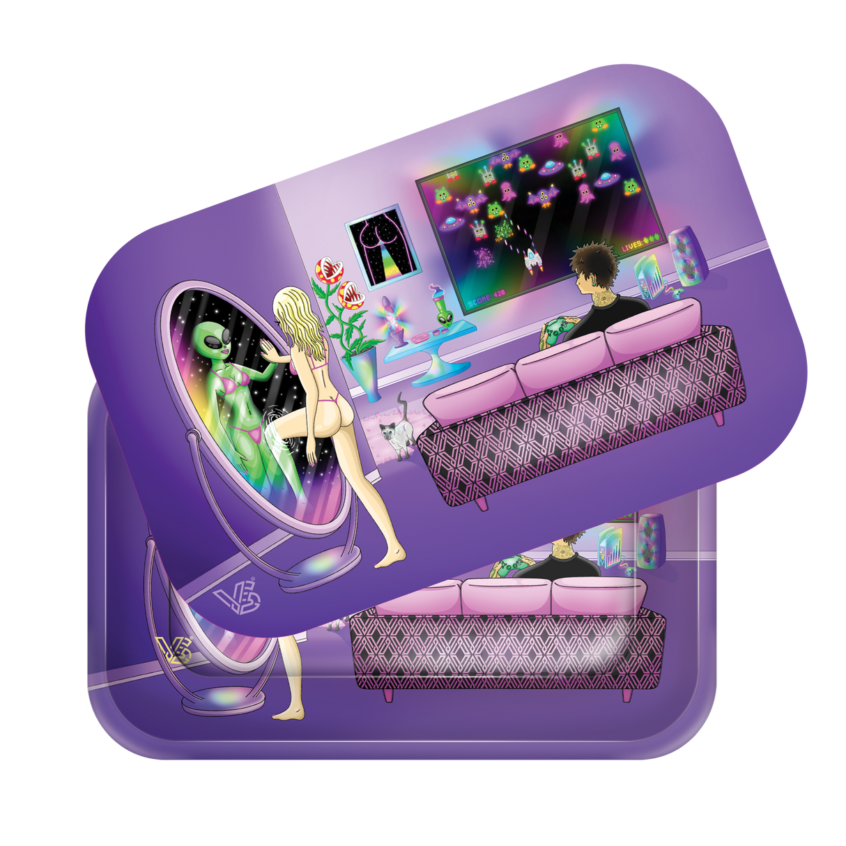 Roll N Go Medium - Reflections tray with a 3D effect, featuring a vaporwave scene of gaming and surreal reflections, secured by a magnetic lid.