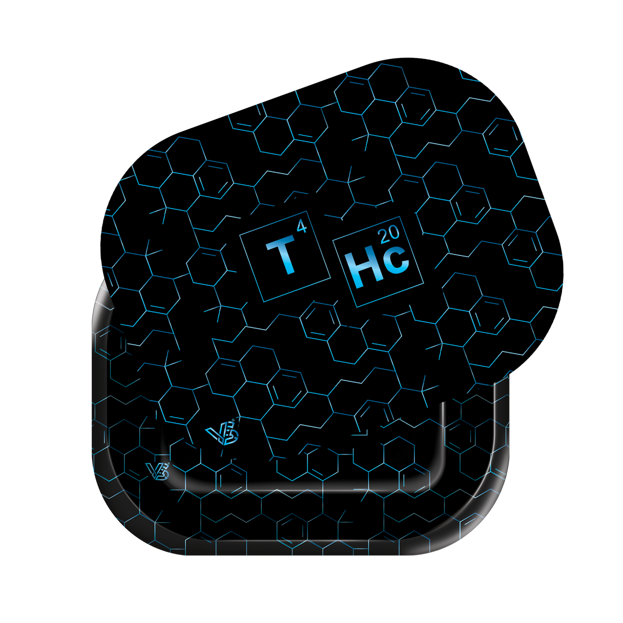 Roll N Go Small - Elements jar lid with cyan hexagonal pattern, featuring 'T⁴' and 'Hc₂₀' elements, indicating cannabis concentrate packaging.