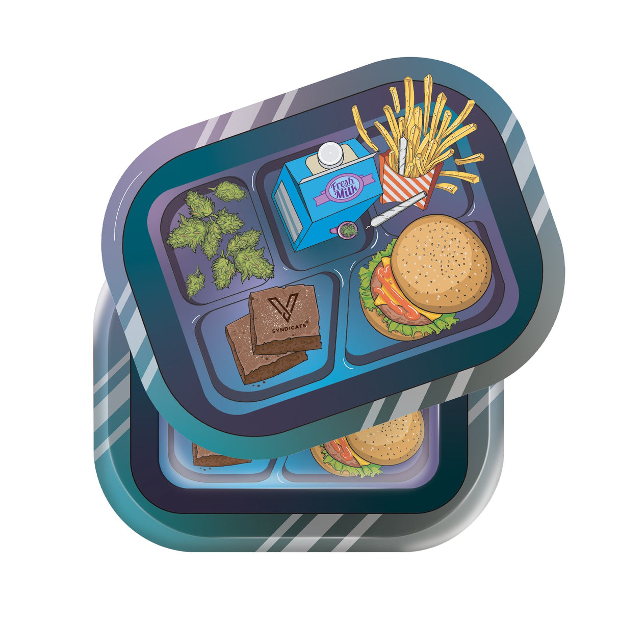 Roll N Go Small - Munch Time tray features cannabis buds, stacked brownies, a cheeseburger, milk carton, and fries with joint, on a vibrant 3D lid.