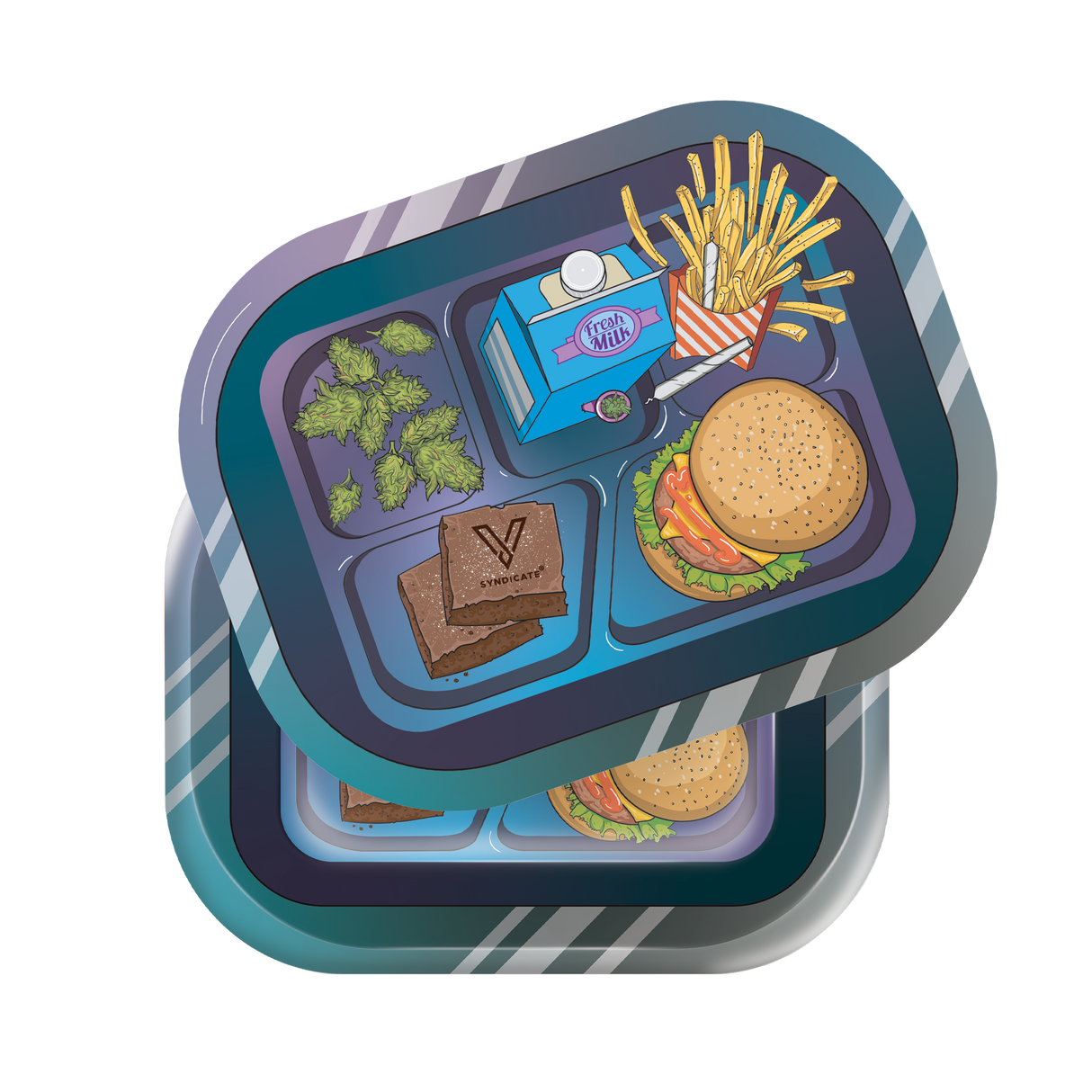 Roll N Go Small - Munch Time tray with cannabis buds, V Syndicate brownies, cheeseburger, fries, lit joint, and milk carton in a cafeteria theme.
