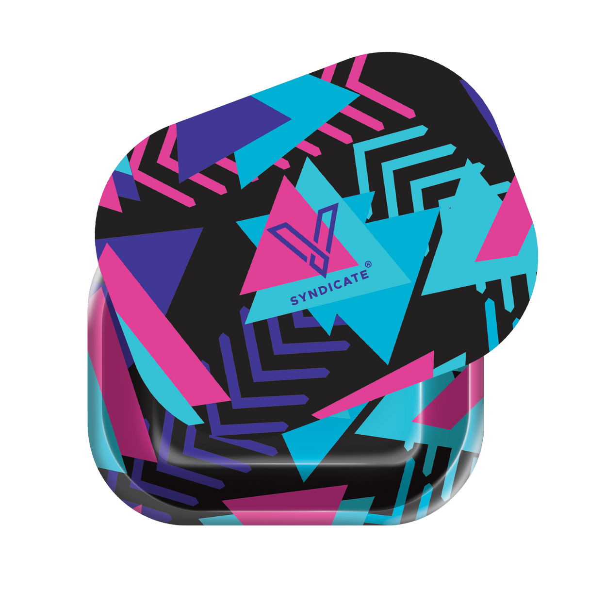 Roll N Go Small - Retro tin with geometric pattern, stylized “V” logo, magnetic lid; compact, durable metal tray for organizing smoking essentials.