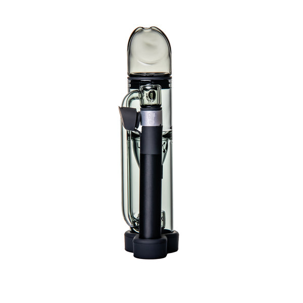 Ryan Fitt Pillar Pivot Top - Smoke features a sleek glass chamber on a black base, designed for smooth airflow and compatible with Puffco Pivot devices.
