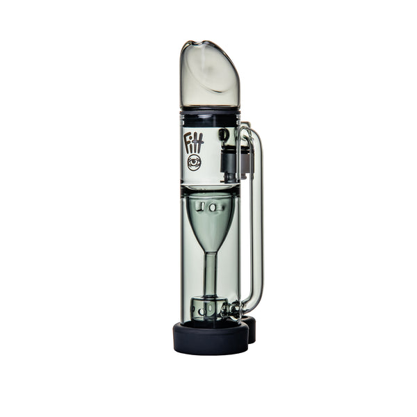 Ryan Fitt Pillar Pivot Top - Smoke: Compact glass water pipe with funnel-style chamber, integrated percolator, silicone base, and “fit” logo, designed for smooth airflow and durability.