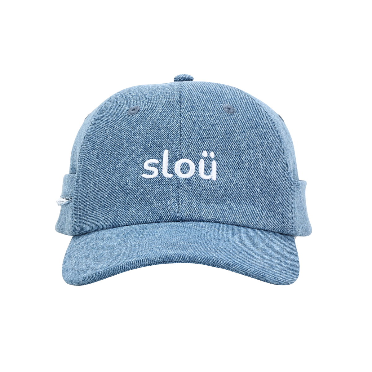 A light blue denim rollers cap with the word slou embroidered in white on the front