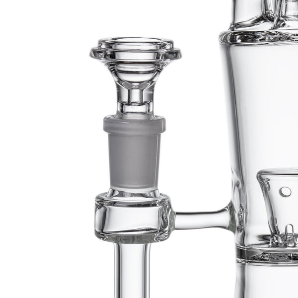 Close-up of Spire - Clear, showcasing the frosted glass joint and bowl assembly, crafted from borosilicate glass, highlighting its polished, airtight design.